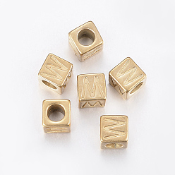Golden 304 Stainless Steel Large Hole Letter European Beads, Horizontal Hole, Cube with Letter.W, Golden, 8x8x8mm, Hole: 5mm