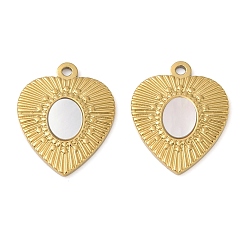 Настоящее золото 18K 304 подвески из натуральной белой ракушки из нержавеющей стали, сердце прелести, ионное покрытие (ip), реальный 18 k позолоченный, 23x18.5x2.5 мм, отверстие : 1.6 мм