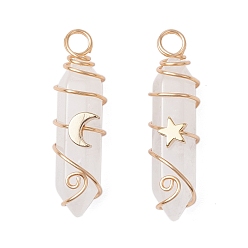 Хрусталь 2 шт. 2 стили натуральный кварцевый кристалл двухконечные заостренные подвески, подвески в виде луны и звезды из латуни с медной проволокой, золотой свет, 35.5~36.5x11x11.5~13 мм, отверстие : 3.5~4 мм, 1 шт / стиль