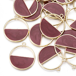 Brown Alloy Pendants, with Enamel, Flat Round, Light Gold, FireBrick, 29x26x2mm, Hole: 1.8mm