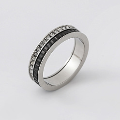 Stainless Steel Color 304 Stainless Steel Rhinestone Finger Rings for Couple, with Enamel, Stainless Steel Color, US Size 8(18.1mm)