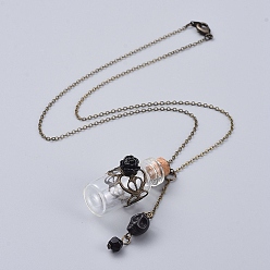Noir Colliers pendants, avec des perles de howlite synthétiques crâne, rose perles de résine de fleurs, bouteilles en verre et chaînes câblées en laiton plaqué bronze antique, pour la fabrication de colliers de fioles de sang, noir, 18.11 pouce (46 cm)