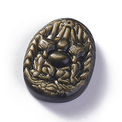 Obsidian Natural Golden Sheen Obsidian Pendants, Oval with Fox, 40.5x30.6x11mm, Hole: 1.2mm