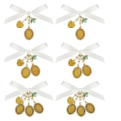 Antique Golden 6Pcs 3 Styles Alloy Oval Tray Brooch Base Settings, with Heart Charms, with Glass Pearl Round Beads and Polyester Ribbon Bowknot, Antique Golden, 110mm, 2pcs/style