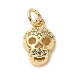 Skull Латунные микро проложить кубического циркония прелести, без кадмия и без свинца, с прыжковых колец, реальный 18 k позолоченный, череп, 13x8.5x3.5 мм, отверстие : 3.2 мм