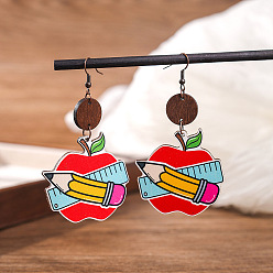 Яблоко Деревянные серьги-подвески с принтом ко Дню учителя., красочный, яблоко, 60x43 мм