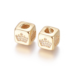Golden Brass Micro Pave Cubic Zirconia Beads, Long-Lasting Plated, Cube with Crown Pattern, Golden, Clear, Golden, 10x8x8.5mm, Hole: 1.5x3.5mm and 4mm
