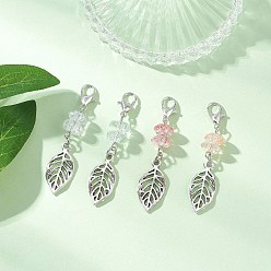 Античный Серебристый & Платиновый 4шт хрустальные стеклянные бусины подвесные украшения, с застежками-карабинами из сплава и подвесками в виде листьев, старинное серебро и платина, 50 мм