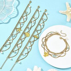 Mixed Shapes Summer Beach Alloy Sea Animal Charm Anklets, 304 Stainless Steel Chain Tassel Anklets with Natural Larimar Chip, Golden, Mixed Shapes, 8-5/8 inch(219mm)