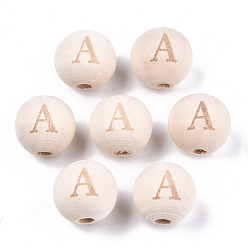 Letter A Unfinished Natural Wood European Beads, Large Hole Beads, Laser Engraved Pattern, Round with Word, Letter.A, 15~16x14~15mm, Hole: 4mm