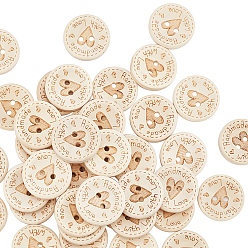 Wheat Wooden Buttons, 2-Hole, Round with Sculpture Word Handmade with Love, Wheat, 19.5x4mm, Hole: 2mm