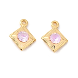 Бледно-Розовый Латунь стекло амулеты, ромб, без никеля , реальный 18 k позолоченный, розовый жемчуг, 12x10x4 мм, отверстие : 1.2 мм