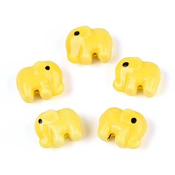 Желтый Ручной фарфоровые керамические шарики, Famille выросли стиле, слон, желтые, 11x14x8 мм, отверстие : 1.6~1.8 мм