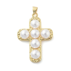 Настоящее золото 18K Латунные подвески, крестик, с abs имитационными жемчужными бусинами , стойки покрытие, долговечный, без кадмия и без свинца, реальный 18 k позолоченный, 36.5x26x8 мм, отверстие : 4x3 мм