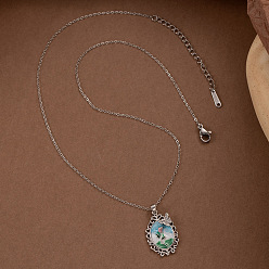 Серебро 201 Женское ожерелье с подвеской в виде овала из нержавеющей стали с эмалью и стразами в форме бабочки, серебряные, 15.75 дюйм (40 см)