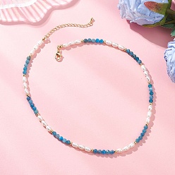 Апатит Ожерелья из граненых круглых бусин из натурального апатита и рисового жемчуга для женщин, с латунными концевыми цепями, золотые, 15.55 дюйм (39.5 см)