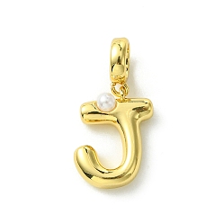 Letter J Покрытие стойки латунь с АБС-пластиком жемчуг европейские подвески, Подвески с большими отверстиями, долговечный, без свинца и без кадмия, реальный 18 k позолоченный, буква J, 23 мм длиной, отверстие : 5 мм, Кулон : 15x12x5 мм