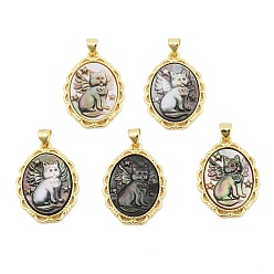 Золотой Подвески в виде кошки из натуральной черной ракушки, латунные овальные подвески, золотые, 27x19.5x2.5~3.5 мм, отверстие : 4x3.5 мм