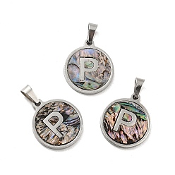 Letter P 304 нержавеющая сталь с подвесками из ракушек пауа, цвет нержавеющей стали, плоский круглый с подвеской в виде буквы, letter.p, 18x16x1.5 мм, отверстие : 3x6 мм