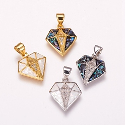 (52) Непрозрачная лаванда Латунные микро проложить кубического циркония подвески, С пресноводной оболочкой, алмаз, разноцветные, 16x14x4 мм, отверстие : 3.5x5 мм