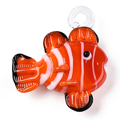 Оранжево-Красный Подвески лэмпворк ручной работы, рыбы прелести, оранжево-красный, 35.5~39x32.5~38x11~12 мм, отверстие : 3.5~3x3.5~5 мм