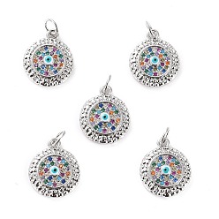 Platinum Brass Micro Pave Cubic Zirconia Pendants, with Enamel, Long-Lasting Plated, Cadmium Free & Lead Free, Flat Round with Evil Eye, Real Platinum Plated, 15x12.5x3.5mm, Hole: 3.6mm
