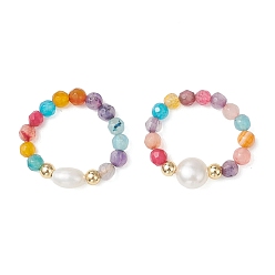 (52) Непрозрачная лаванда Регулируемые кольца с натуральным культивированным пресноводным жемчугом и натуральным агатом, стрейч-кольца, разноцветные, американский размер 8 1/2~9 3/4(18.5~19.5мм)