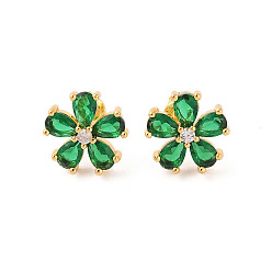 Темно-Зеленый Серьги-гвоздики из латуни с микропаве из кубического циркония, долговечный, цветок, золотые, темно-зеленый, 14x14 мм