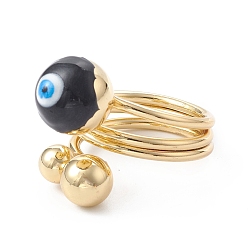 Black Enamel Round with Evil Eye Finger Rings, Real 18K Gold Plated Brass Wrap Style Ring for Women, Black, 5.5~19.5mm, Inner Diameter: 18mm