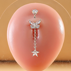 Бабочка 316l хирургическая нержавеющая сталь микропаве прозрачный кубический цирконий пупочные кольца, цвет нержавеющей стали, бабочка, длина стержня: 3/8"(10мм), штифты : 1.6 мм