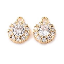 Настоящее золото 18K Латунные микропаве прозрачные подвески с фианитом, круглые подвески, реальный 18 k позолоченный, 12x9x4 мм, отверстие : 1.6 мм