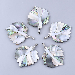 Colorful Shell Big Pendants, with Brass Findings, Leaf, Platinum, Colorful, 50~52x51~52x4~5mm, Hole: 6x4mm