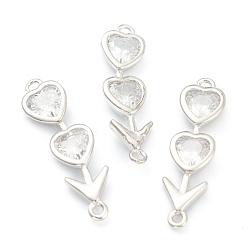 Real Platinum Plated Brass Link Connectors, with Clear Cubic Zirconia, Heart and Leaf, Real Platinum Plated, 19x5x2mm, Hole: 0.9mm
