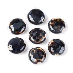 Prussian Blue Vintage Handmade Porcelain Beads, Fancy Antique Glazed Porcelain, Flat Round, Prussian Blue, 18.5~19.5x8~9mm, Hole: 2.2~3mm
