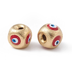 FireBrick Brass Beads, with Enamel, Real 18K Gold Plated, Cube with Evil Eye, FireBrick, 10.5x11.5x11mm, Hole: 2.5mm