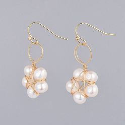 Golden Natural Freshwater Pearl Dangle Earrings, with Brass Earring Hooks, Golden, 41mm, Pin: 0.6mm