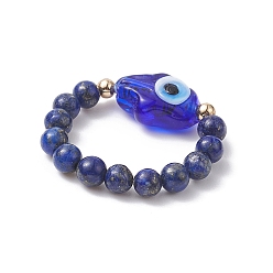 Mixed Stone Natural & Synthetic Mixed Gemstone & Evil Eye Lampwork Beaded Stretch Rings, Inner Diameter: 18mm