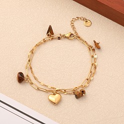 Тигровый глаз Браслеты с подвесками в виде сердца 304 из нержавеющей стали и натурального тигрового глаза, 304 Двухслойный браслет из нержавеющей стали в виде цепочки из скрепки и рифленой цепочки для женщин, золотые, 6.69 дюйм (17 см)