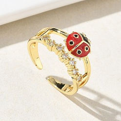 Настоящее золото 18K Латунные кольца-манжеты с микропаве из прозрачных кубических цирконий, божья коровка, с эмалью, долговечный, без кадмия и без свинца, стойки покрытие, реальный 18 k позолоченный, 11.3 мм, внутренний диаметр: 17 мм