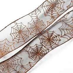Saddle Brown 10 Yards Halloween Polyester Organza Ribbon, Spider Web Pattern, for Costume Decoration, Saddle Brown, 2-1/2 inch(63mm)