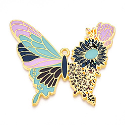 Сливовый Подвески из эмалированного сплава с гальванопокрытием, без кадмия, без никеля и без свинца, бабочка с цветочными подвесками, золотые, слива, 55x63.5x2 мм, отверстие : 2.5 мм