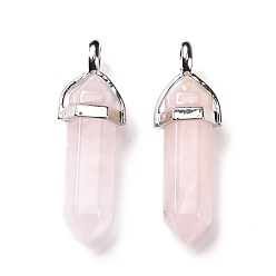 Rose Quartz Gemstone Double Terminated Pointed Pendants, with Metal Findings, Bullet, Platinum Metal Color, 39~41x10~12x8~10mm, Hole: 4x3mm