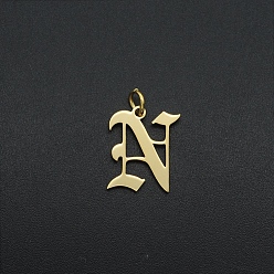 Letter N 304 подвески из нержавеющей стали, с целью перехода в кольце, старый английский, буквы, лазерная резка, ионное покрытие (ip), реальный 18 k позолоченный, letter.n, 15.5x13x1 мм, отверстие : 3 мм