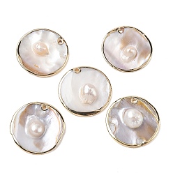 Muschelfarbe Shell Perlenanhänger, flache runde Charme, mit goldenem Messingrand, Muschelfarbe, 30x5~7 mm, Bohrung: 1.8 mm