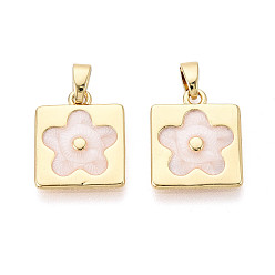 Белый Латунь с эмалевыми подвесками, квадратные и цветочные подвески, реальный 18 k позолоченный, белые, 15.5x13x1.5 мм, отверстие : 4.5x2.5 мм
