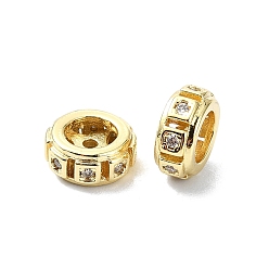 Настоящее золото 18K Покрытие стойки латунь микропаве прозрачные кубические циркониевые бусины, долговечный, без свинца и без кадмия, плоско-круглые, реальный 18 k позолоченный, 8x3.5 мм, отверстие : 1.2 мм