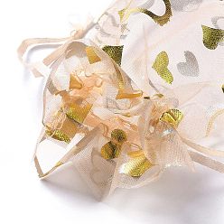 PeachPuff Organza Drawstring Jewelry Pouches, Wedding Party Gift Bags, Rectangle with Gold Stamping Heart Pattern, PeachPuff, 15x10x0.11cm