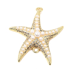 Clear Brass Micro Pave Cubic Zirconia Connector Charms, Starfish Links, with ABS Plastic Imitation Pearl, Rack Plating, Long-Lasting Plated, Cadmium Free & Lead Free, Real 18K Gold  Plated, Clear, 28.5x26x6.5mm, Hole: 1mm
