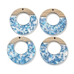 Темно-Голубой Деревянные подвески, смола и золотая фольга, Кольца, глубокое синее небо, 38x4 мм, отверстие : 2 мм