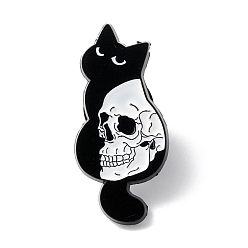 White Skull with Cat  Enamel Pin, Halloween Alloy Brooch for Backpack Clothes, Electrophoresis Black, White, 29.5x14x1.5mm